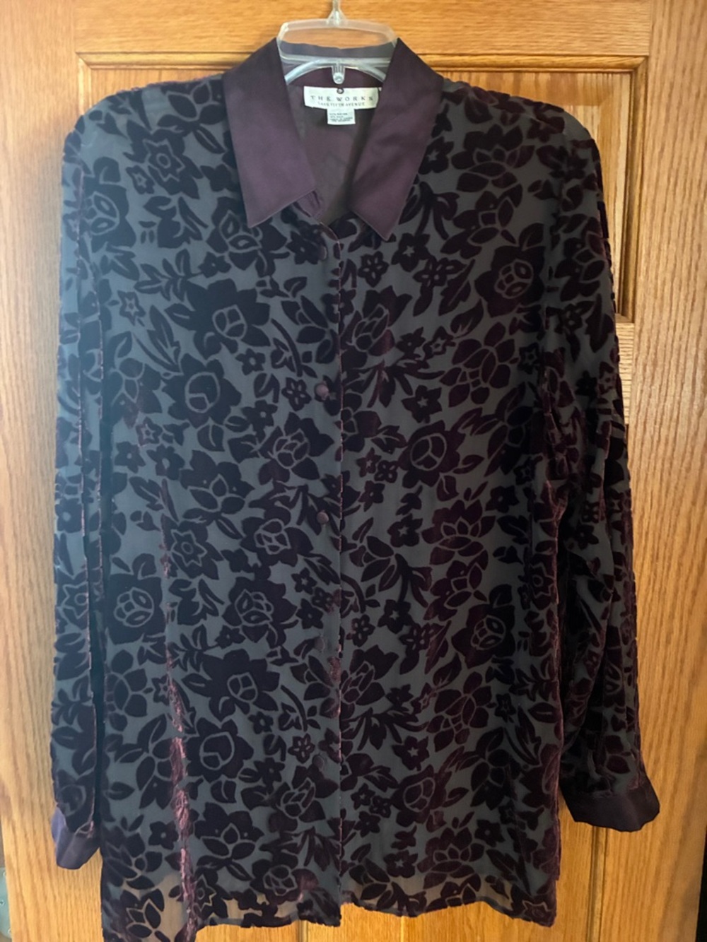 The Works Saks Fifth Avenue Black Velvet Floral Burnout Blouse with Plum Collar